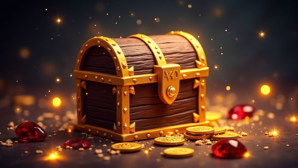A golden treasure chest surrounded by sparkling gems and coins.