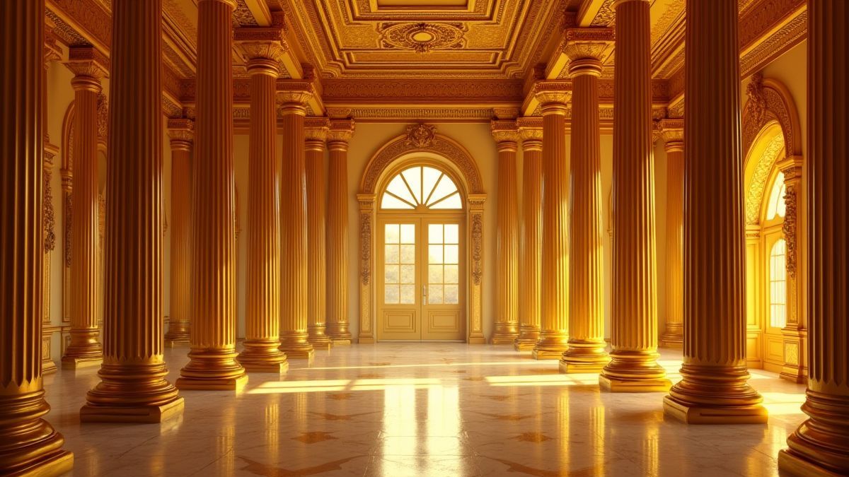 Interior of an opulent palace with golden walls and luxurious decor.