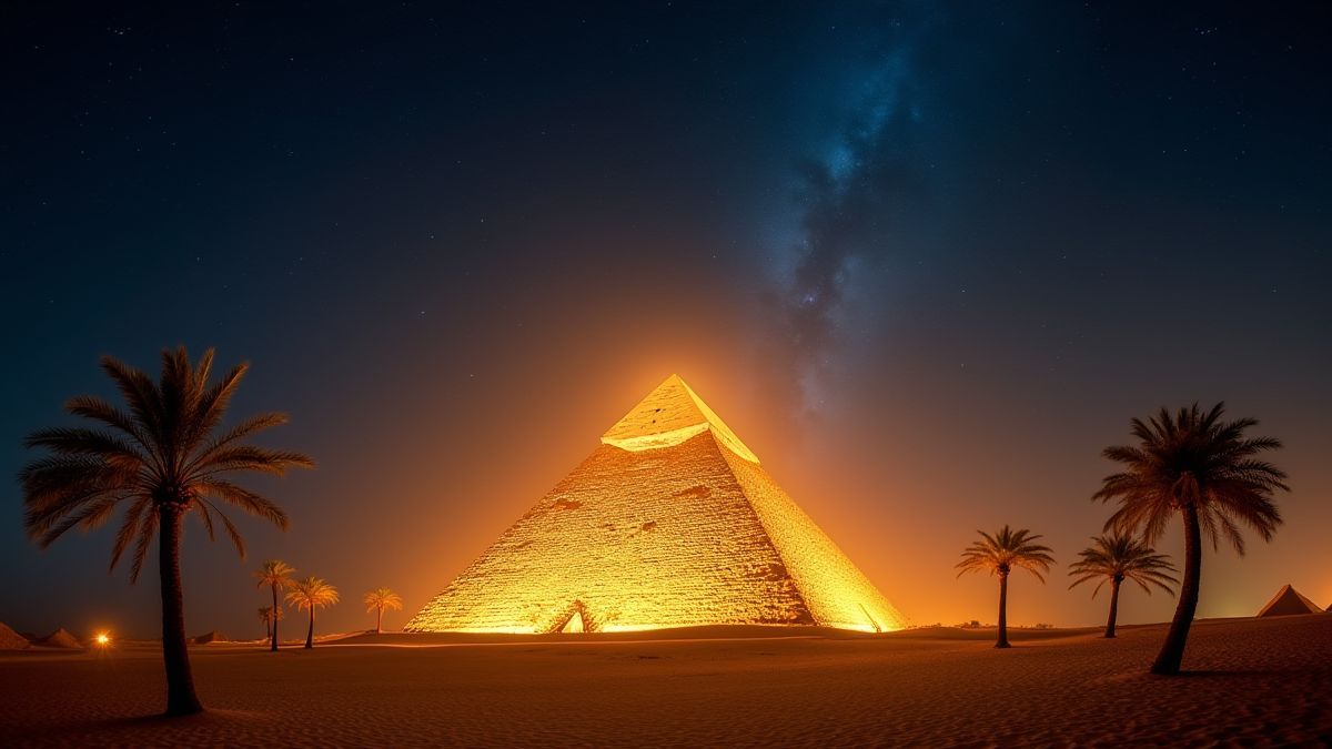 Glanzende Egyptische piramide omringd door gouden zand en palmbomen onder een sterry sky.