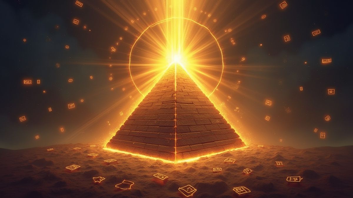 Glanzende piramide omringd door zwevende hiërogliefen en gouden lichtstralen.