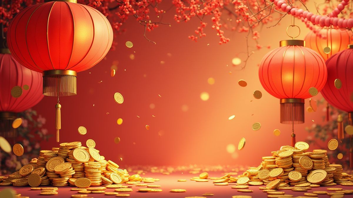 Linternas asiáticas y monedas doradas en un entorno festivo.