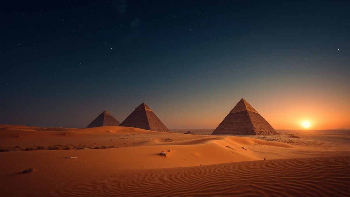 Cena de deserto com pirâmides ao fundo e areias douradas brilhando sob um céu estrelado.