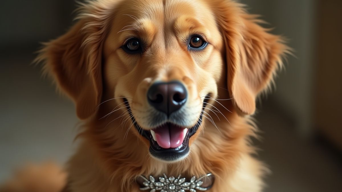 Un Golden Retriever avec un élégant collier de diamants.