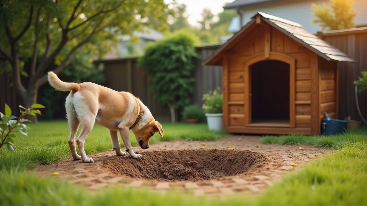 Un chien creusant dans le jardin à côté d'une niche en bois.