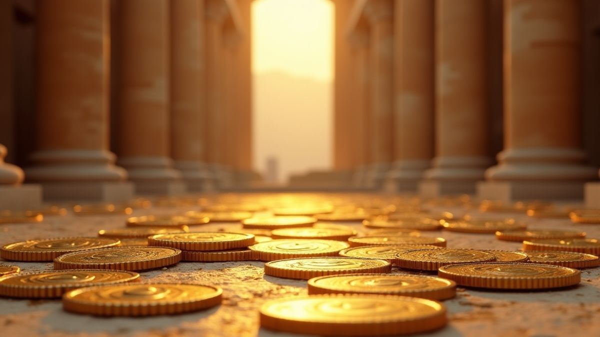 Monnaies dorées éparpillées à l'intérieur d'un temple romain.