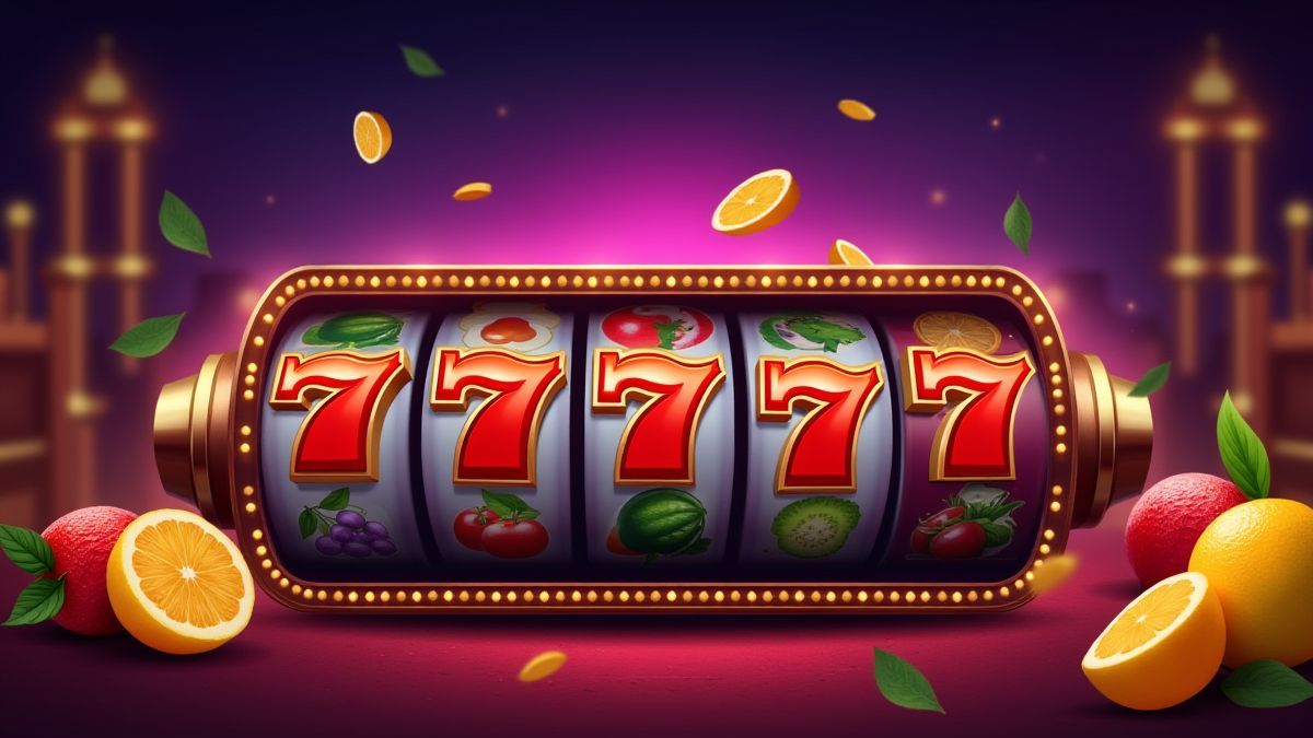 Un design rétro de casino avec des fruits vibrants et des sevens dorés.