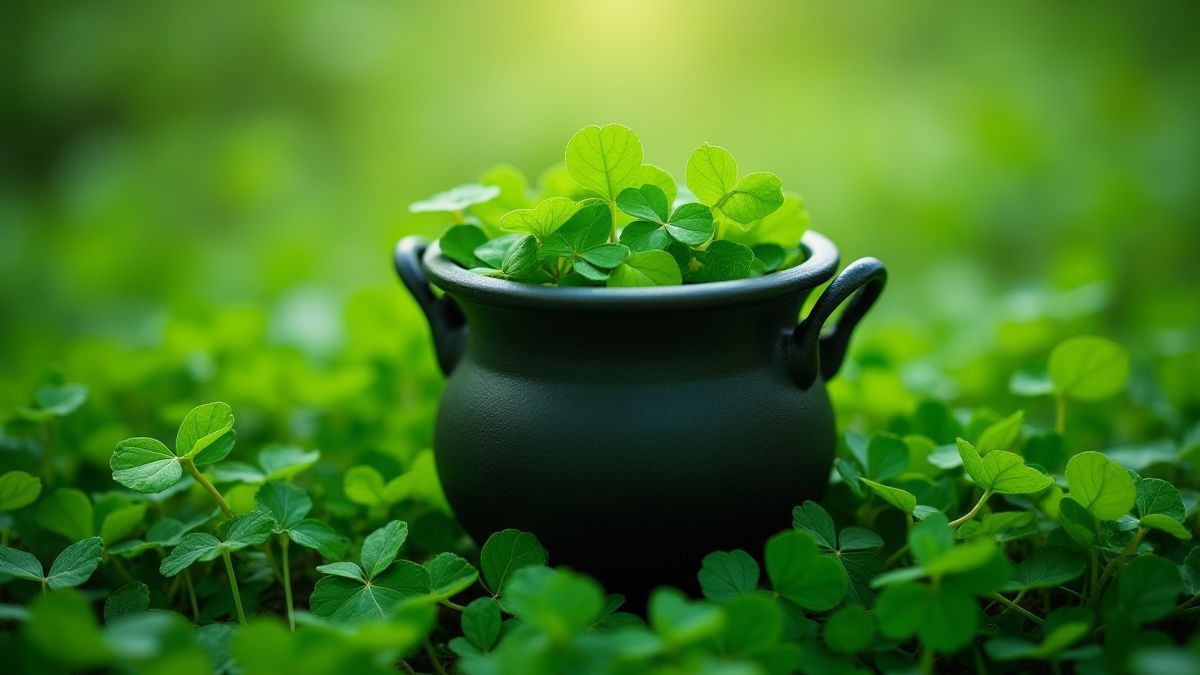 Pot of gold surrounded by shamrocks in a lush green field.