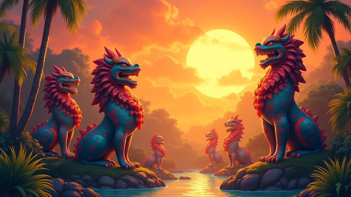 Tropische standbeelden die stralen onder een gouden lucht