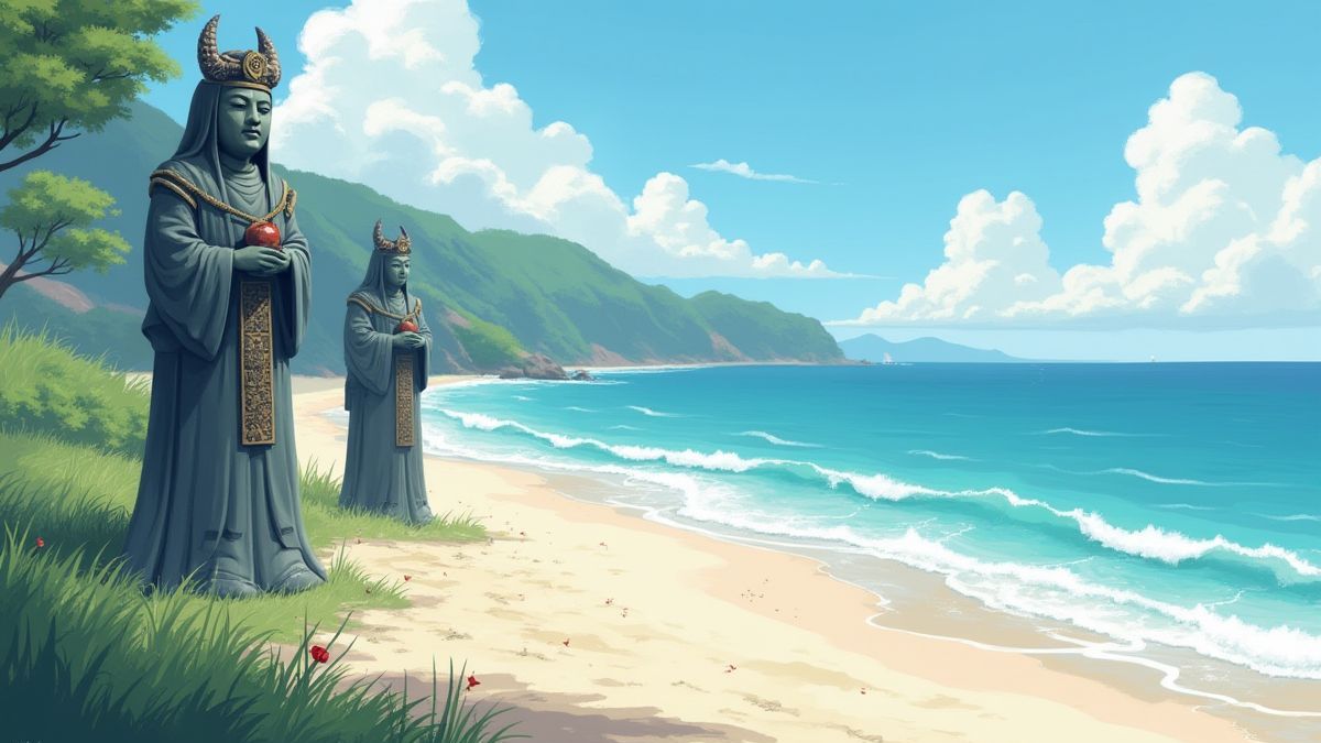 Japanse strand met mysterieuze beschermheilige beelden