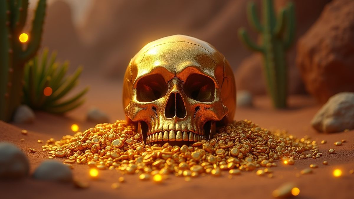 Caveira dourada rodeada de tesouros no deserto.