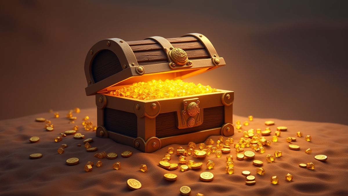 Baú do tesouro rodeado de moedas e joias.