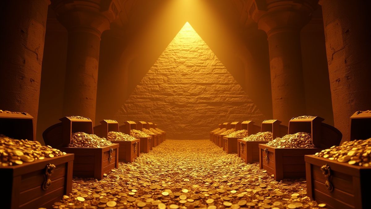 Interieur van een piramide met kisten vol gouden munten.