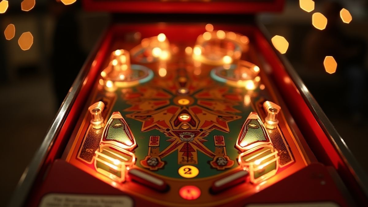 Máquina de pinball retro con estrellas doradas.