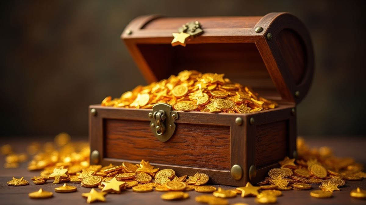 Cofre del tesoro lleno de monedas de oro y estrellas.