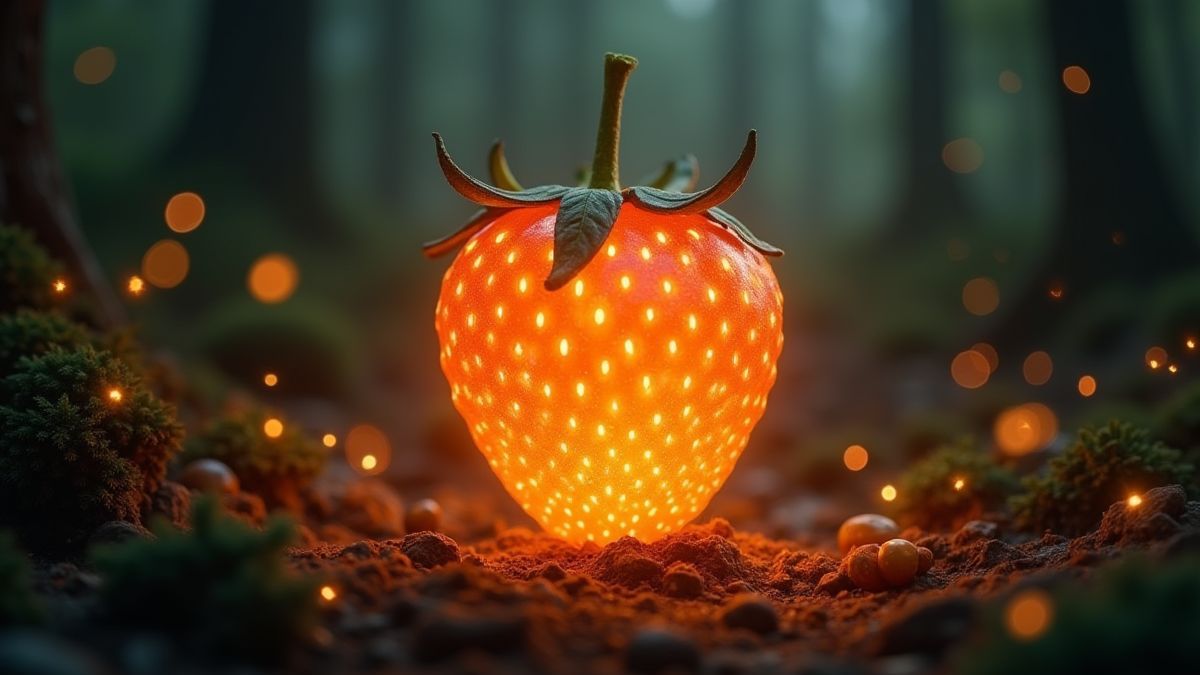 Una fresa dorada brillante rodeada de destellos en un bosque encantado.