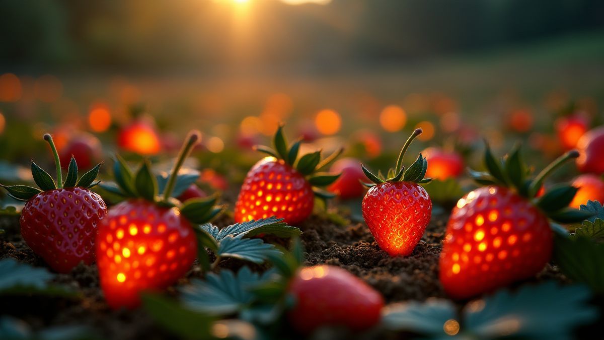 Un campo encantado con fresas brillantes y hojas doradas.