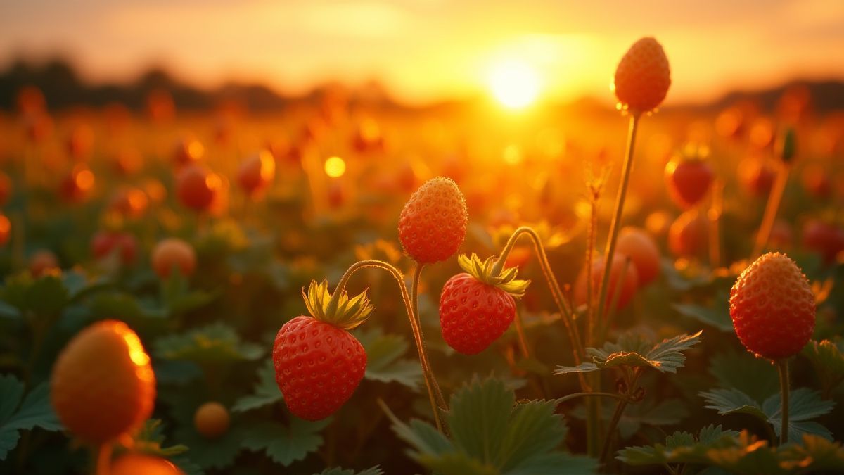 Un campo mágico al atardecer lleno de fresas doradas brillando cálidamente.