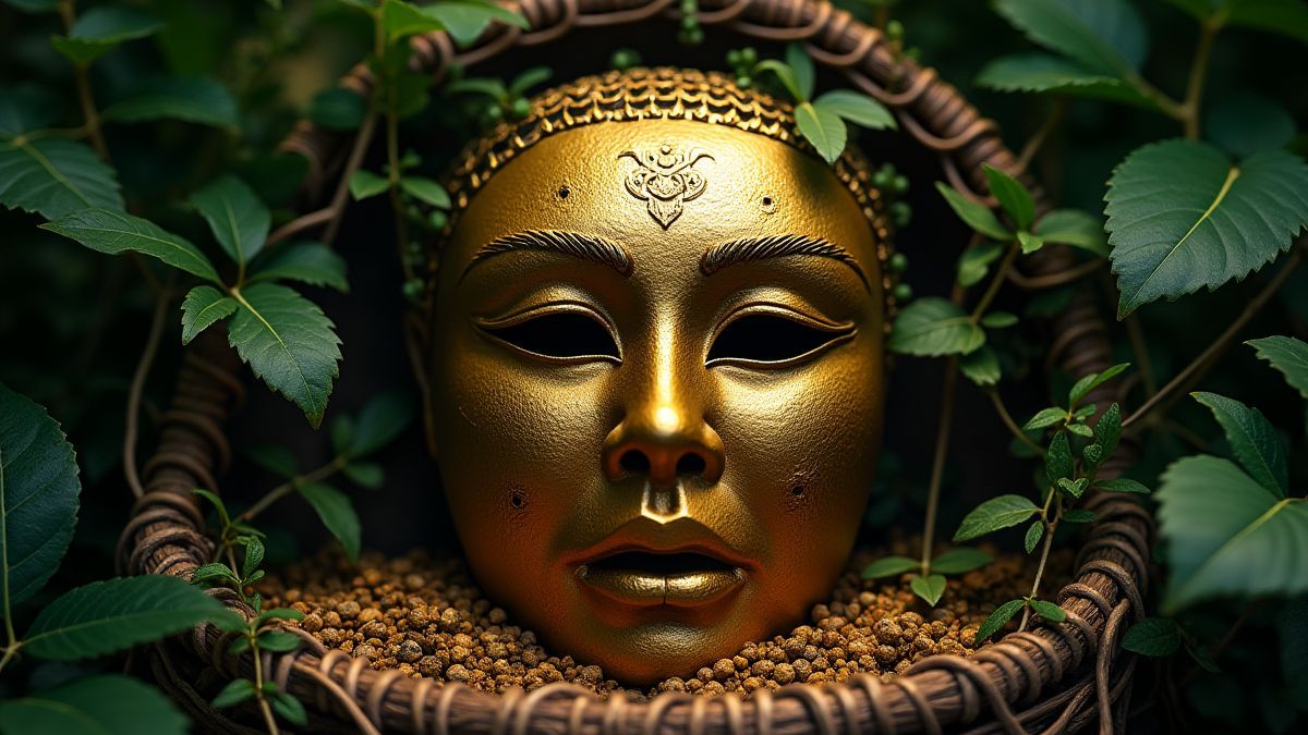 Eine goldene Maske umgeben von Dschungelranken und Schätzen.