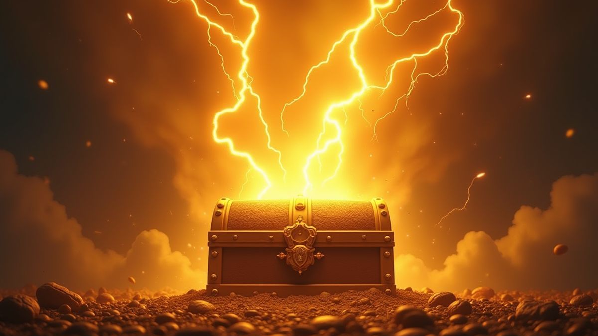 Goldene Sturm, der einen Schatztruhe schlägt.