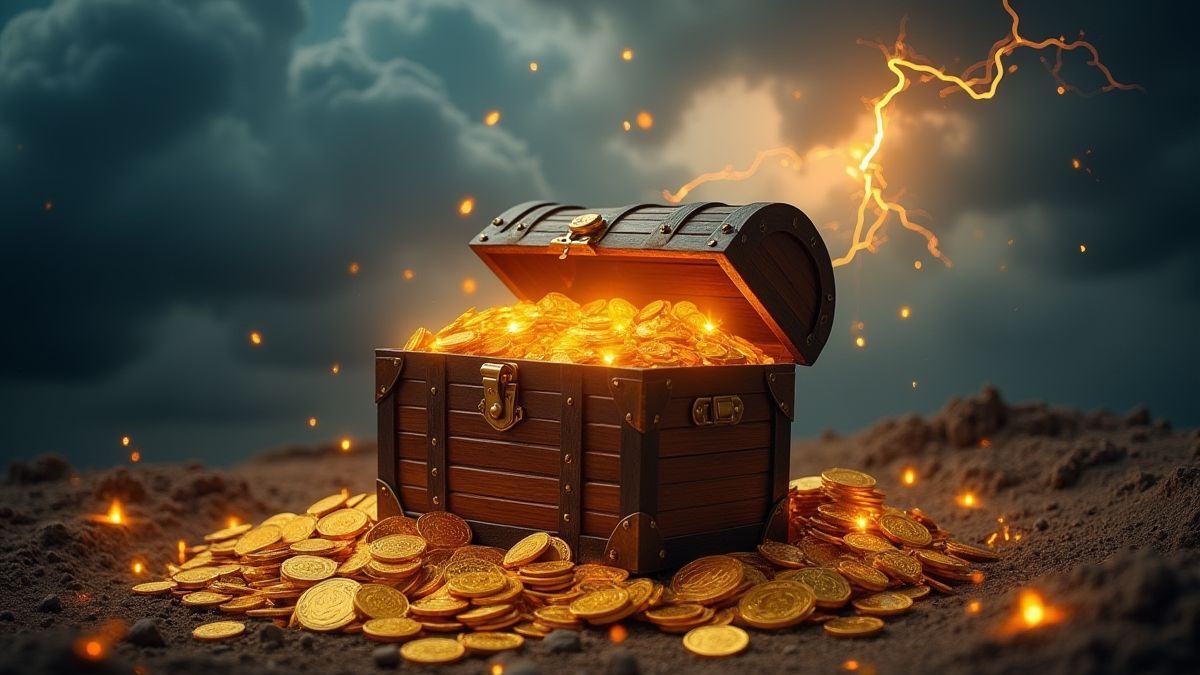 Schatztruhe umgeben von leuchtenden Goldmünzen und Sturmwolken.