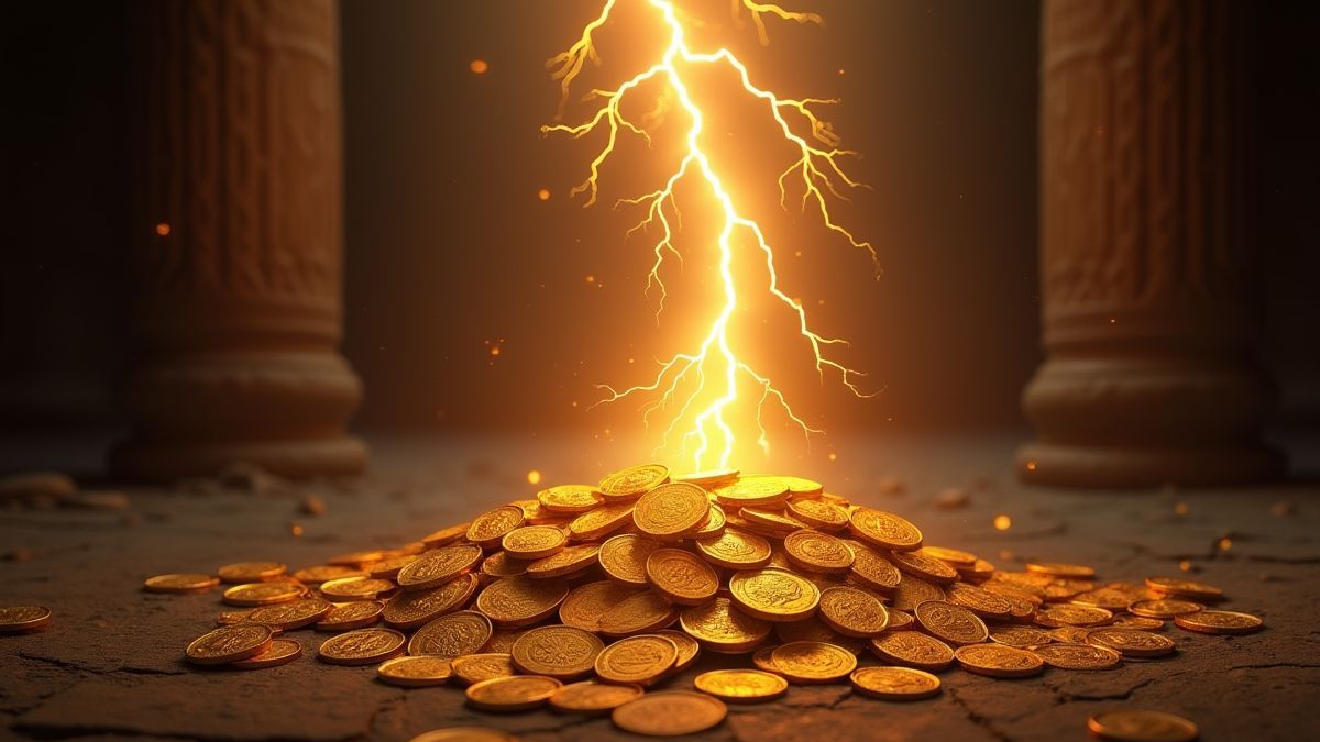 Leuchtender Blitz, der auf einen Haufen Goldmünzen in einem alten Tempel trifft.