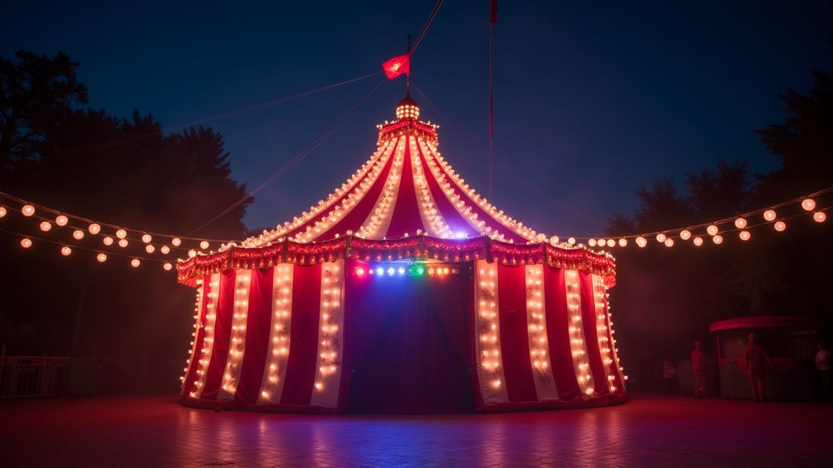 Circus tent with lights and performers.