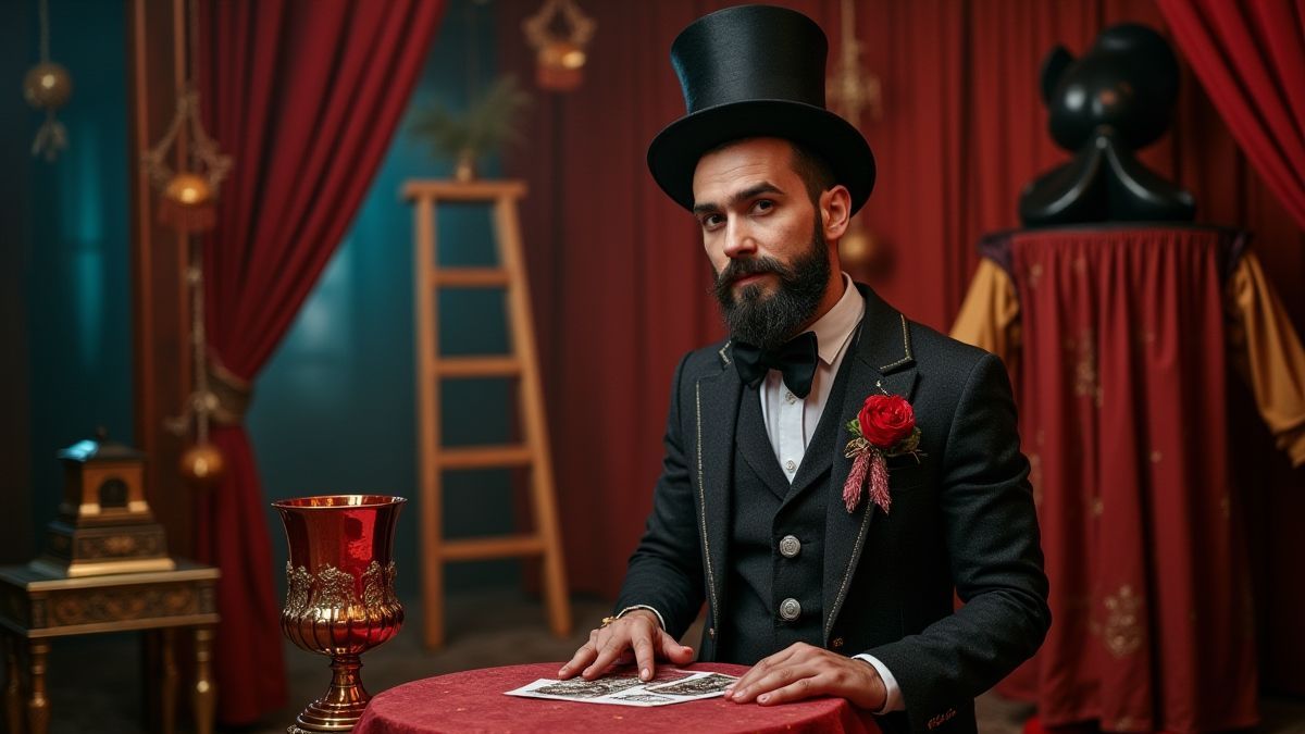 Um mágico realizando truques no circo.