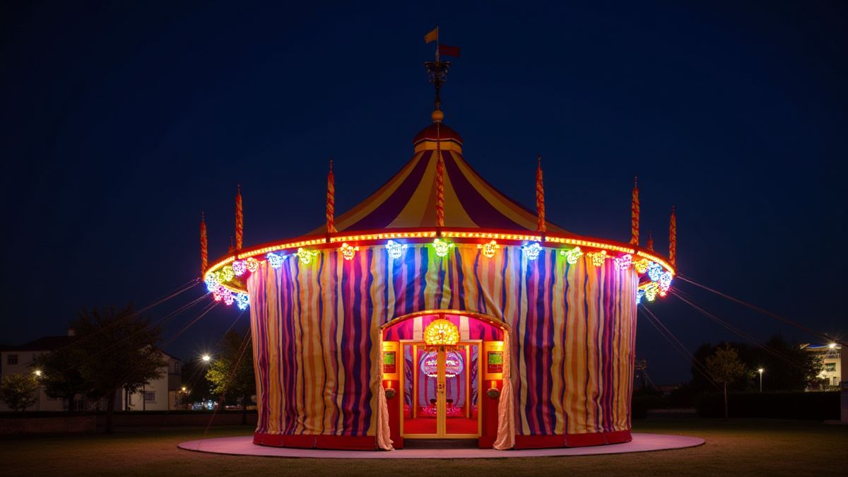 Uma tenda de circo iluminada à noite.