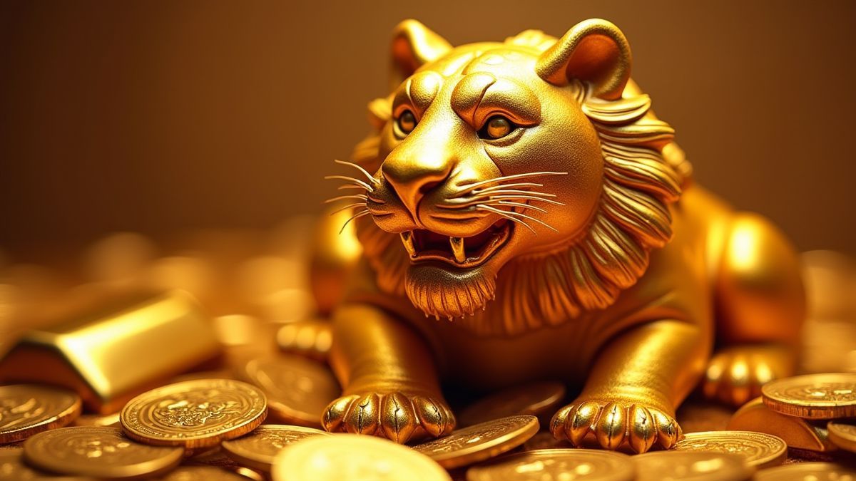 A golden tiger surrounded by Chinese gold bars and coins.