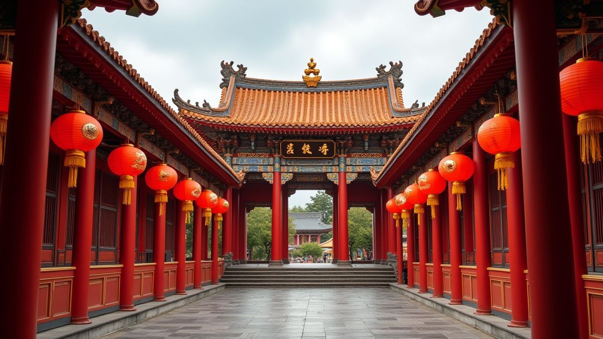 A Chinese temple with red lanterns and gold accents.