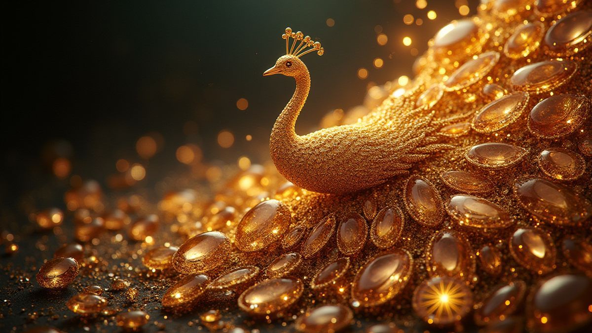 Image of a golden peacock surrounded by sparkling jewels.