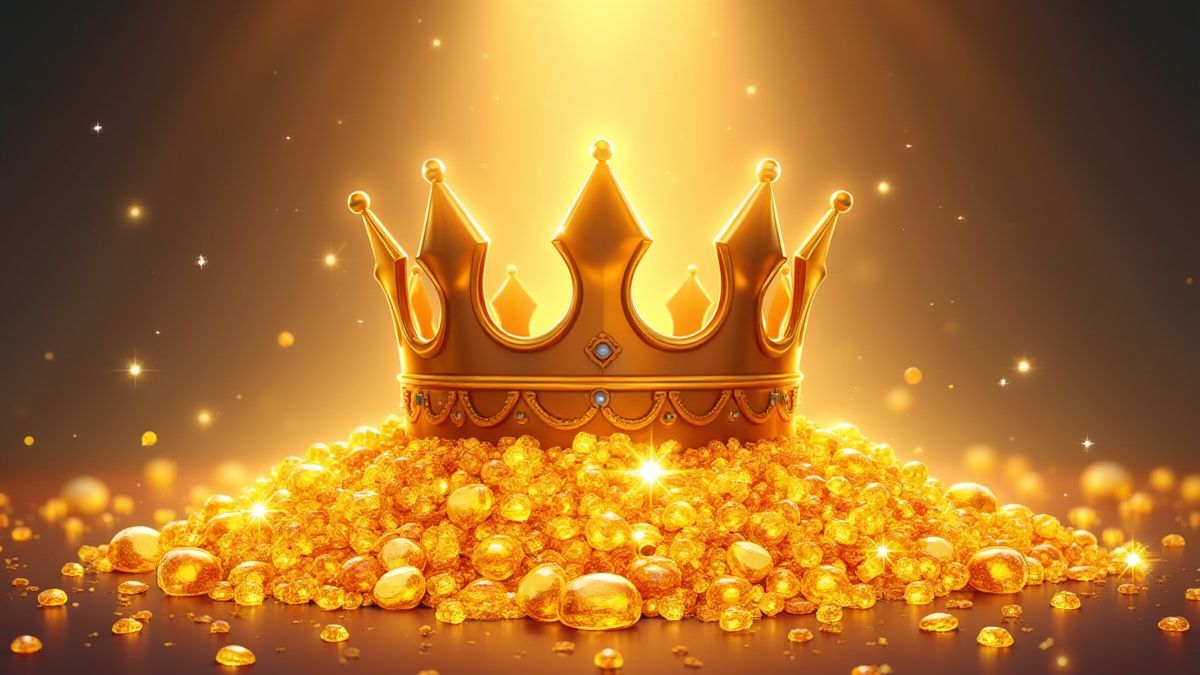 A golden crown surrounded by sparkling treasures.