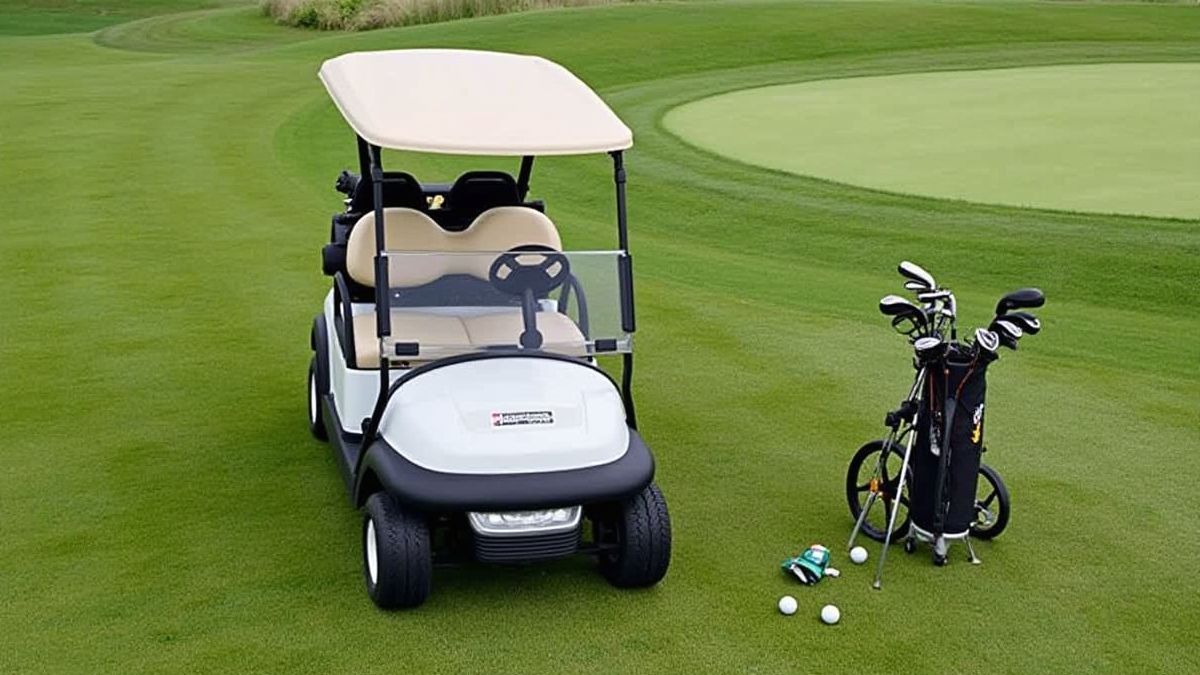Un carrito de golf estacionado cerca de un green.