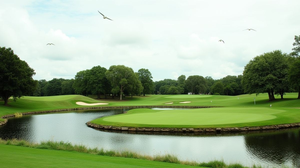 Un campo de golf tranquilo con un estanque y pájaros volando.