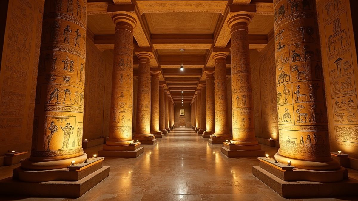 Hieroglyphen und eine alte ägyptische Schatzkammer.