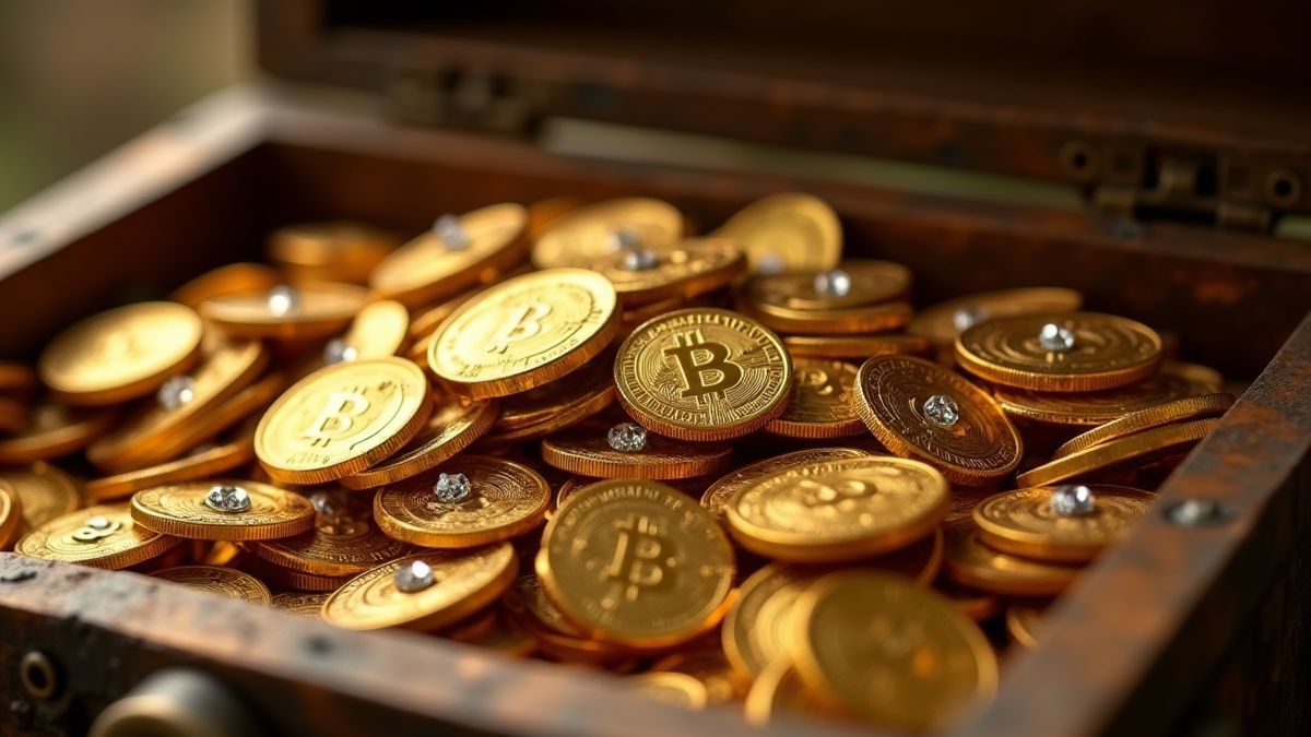 Goldmünzen und Diamanten in einer alten Truhe.