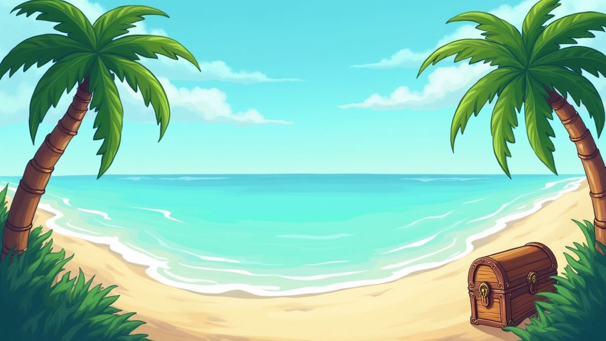 Una playa tropical animada con cofres del tesoro.