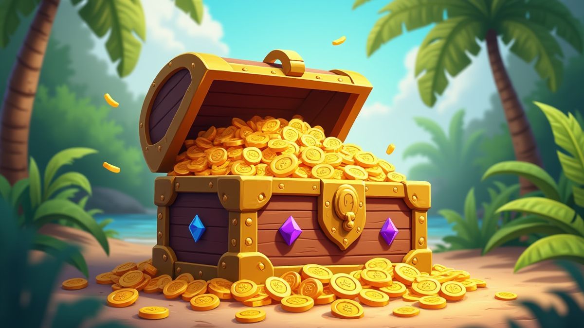 Un cofre del tesoro animado lleno de monedas de oro y joyas en un entorno tropical.