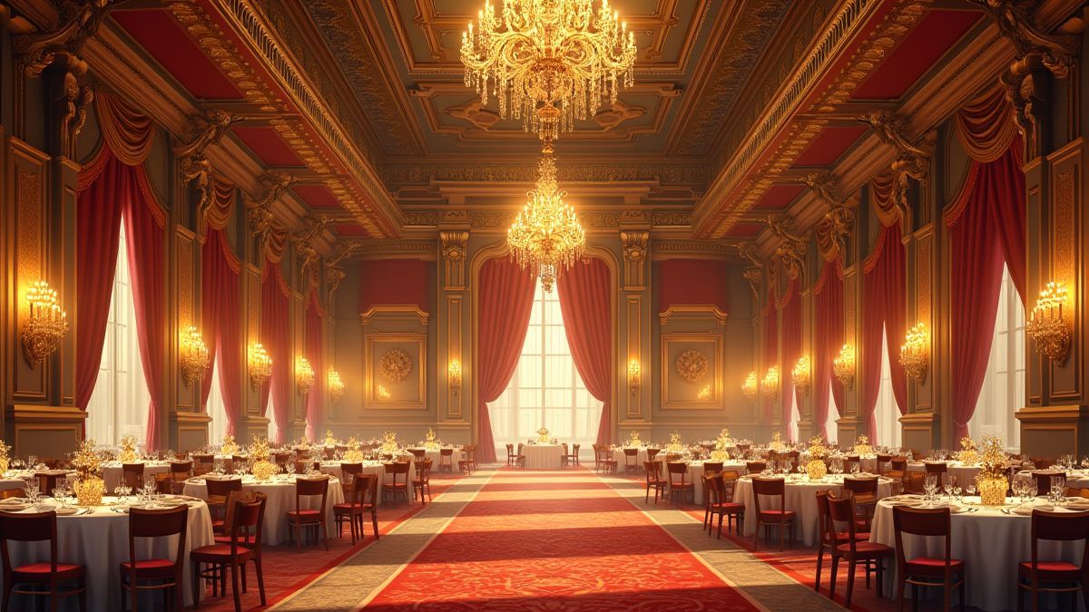 European banquet hall with chandeliers and gold accents.