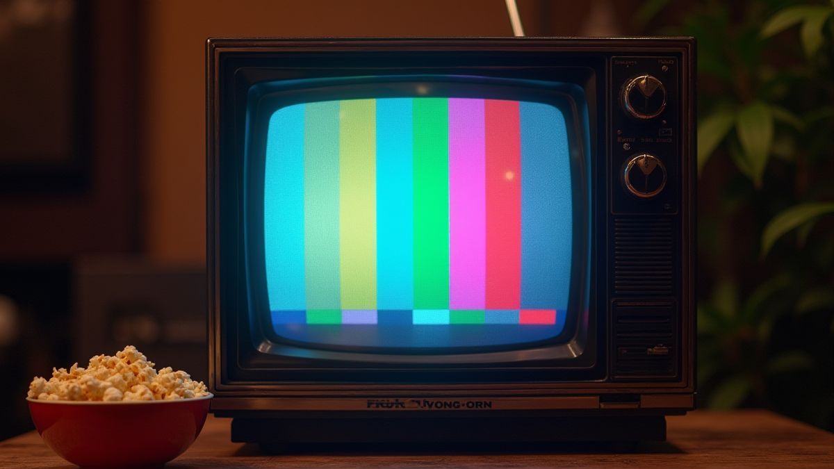 Televisión retro con pantalla estática y un bol de palomitas.