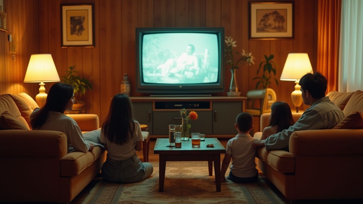 Salón acogedor con televisión vintage y muebles retro.