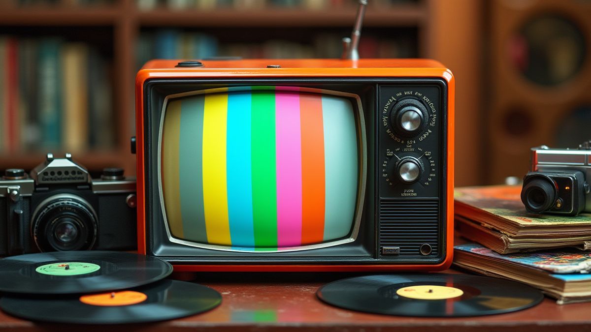 Televisión vintage rodeada de discos de vinilo y cámaras antiguas.
