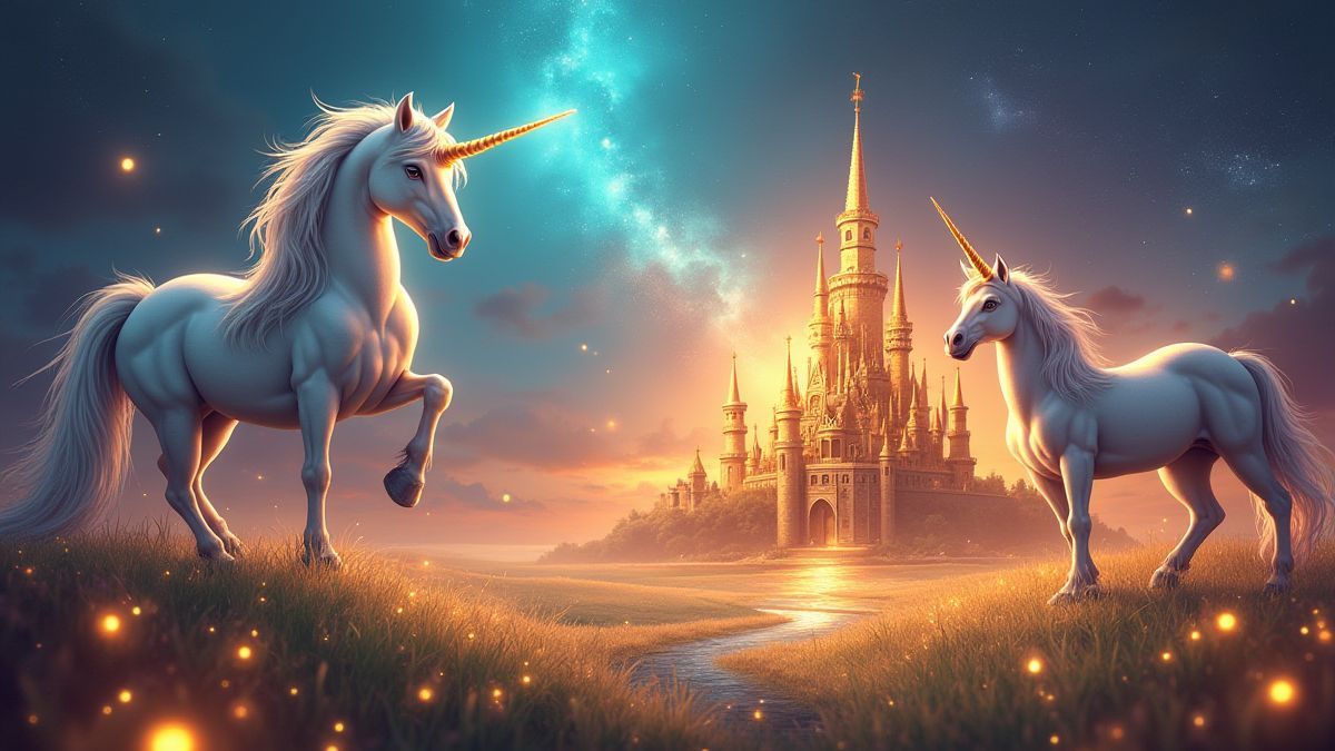Símbolos mágicos como unicornios y castillos dorados en un entorno de fantasía.