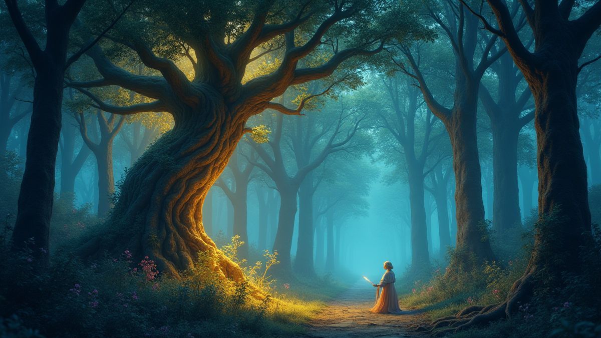 Un bosque de fantasía con árboles brillantes y criaturas mágicas.
