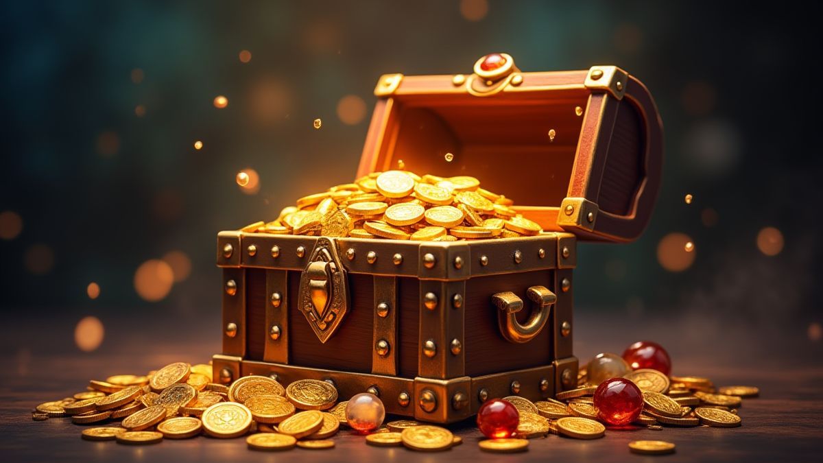 Un cofre del tesoro lleno de monedas de oro y joyas en un entorno mágico brillante.