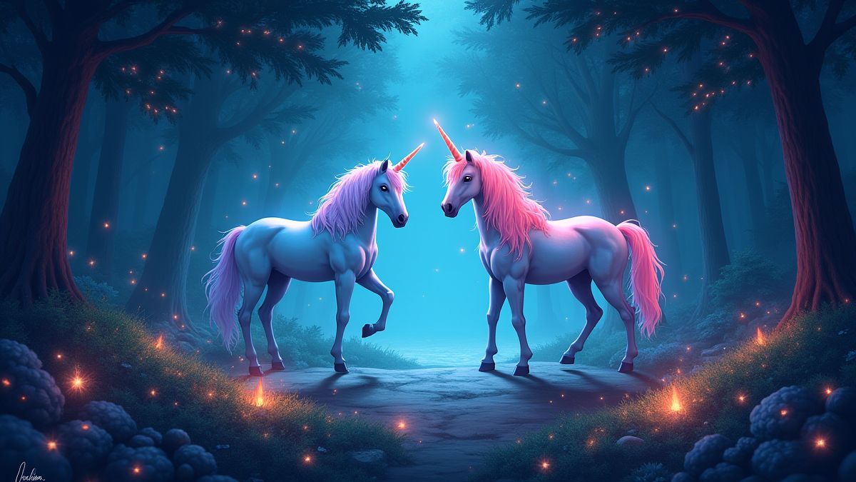 Un bosque místico lleno de unicornios y símbolos mágicos