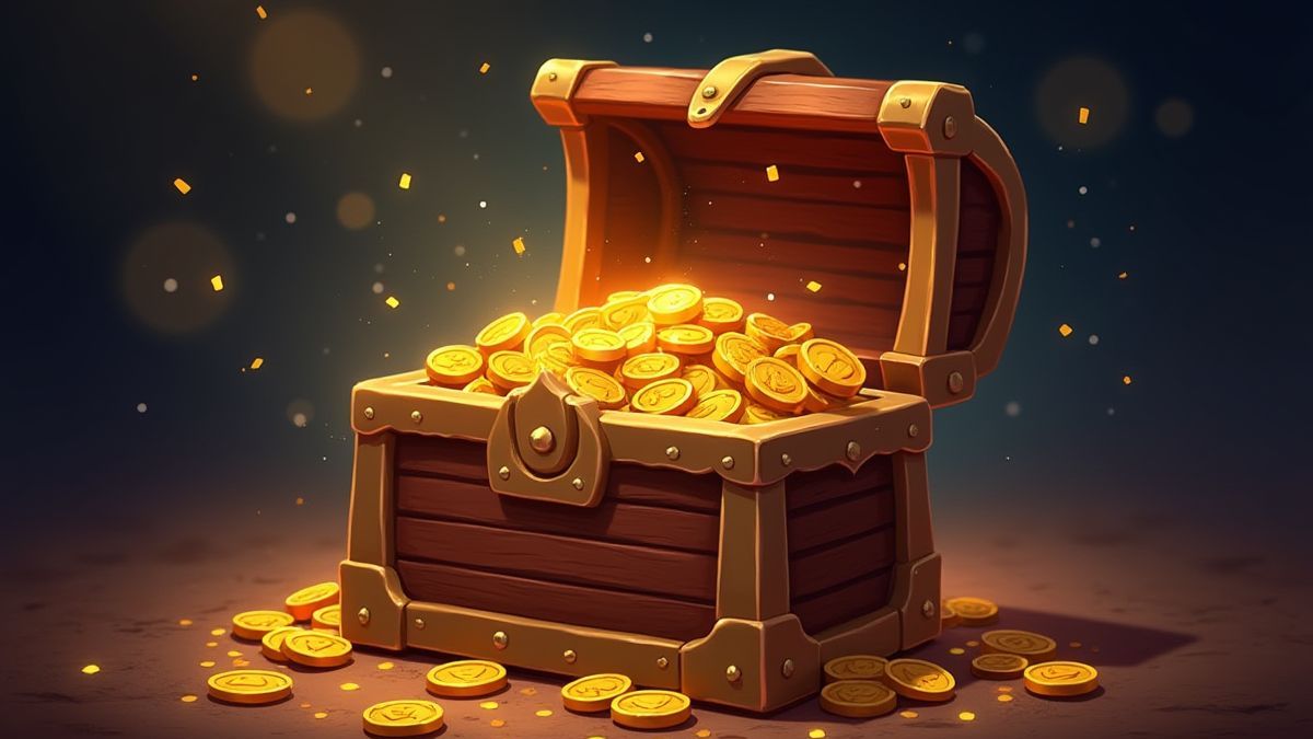 Cofre del tesoro lleno de monedas de oro y brillos mágicos