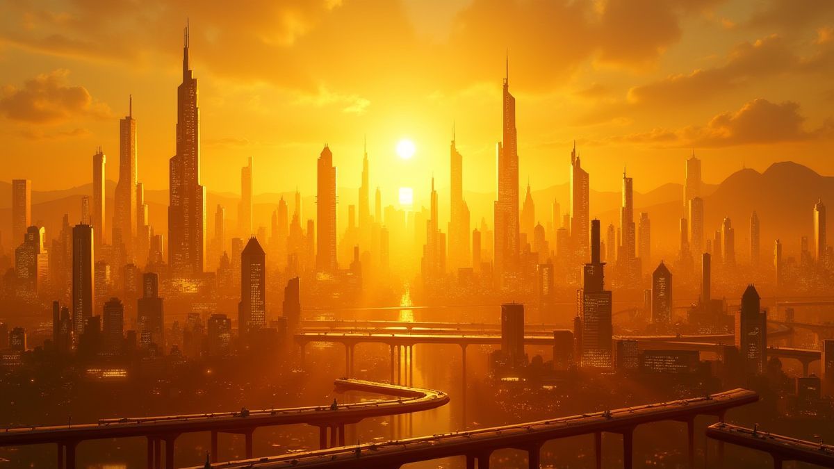 Uma cidade futurista dourada com edifícios brilhantes.