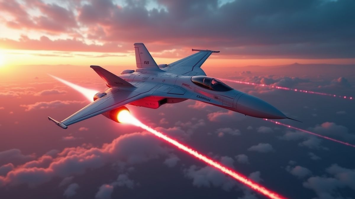 Um avião futurista disparando lasers no céu.