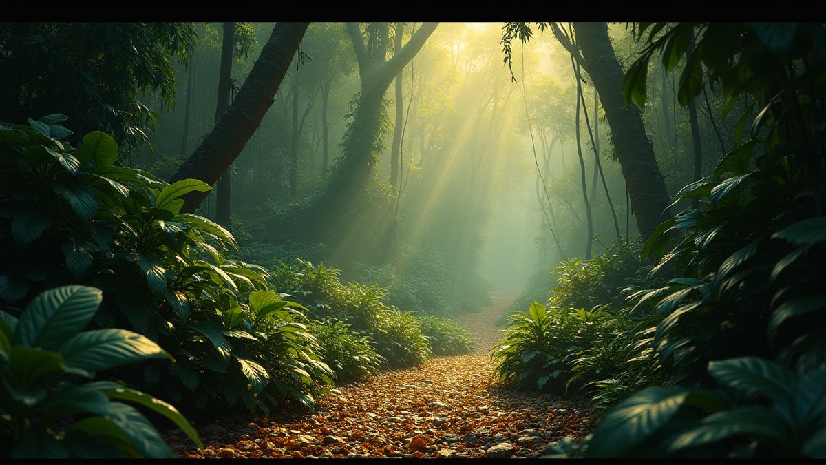 Jungla misteriosa llena de artefactos dorados y tesoros ocultos.
